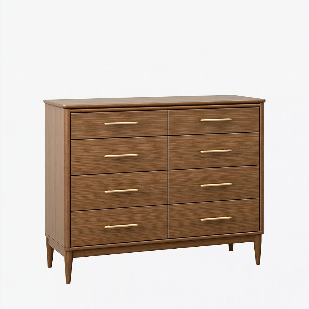 Cassettiera Parvireq in effetto legno noce, 140x45x100 cm, con 8 cassetti stile moderno, immagine con dettagli del mobile.