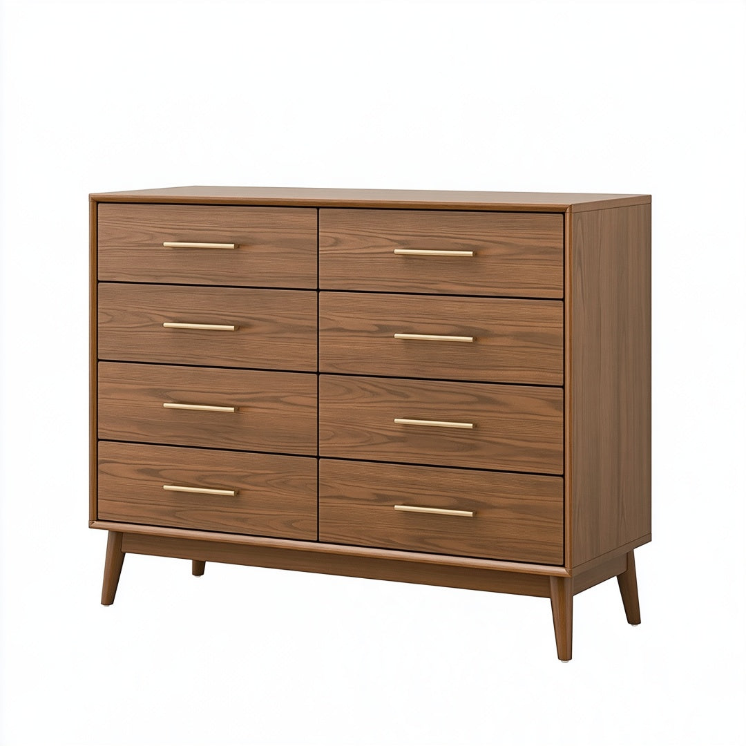 Cassettiera in legno noce Parvireq, moderna, 140x45x95 cm, con 8 cassetti, elegante arredamento per soggiorno o camera.