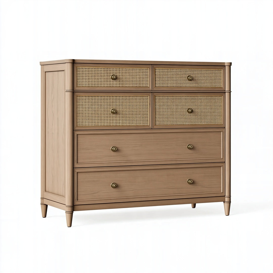 Cassettiera in legno marrone chiaro con frontali intrecciati, stile classico, dimensioni 120x45x105 cm, marca Parvireq