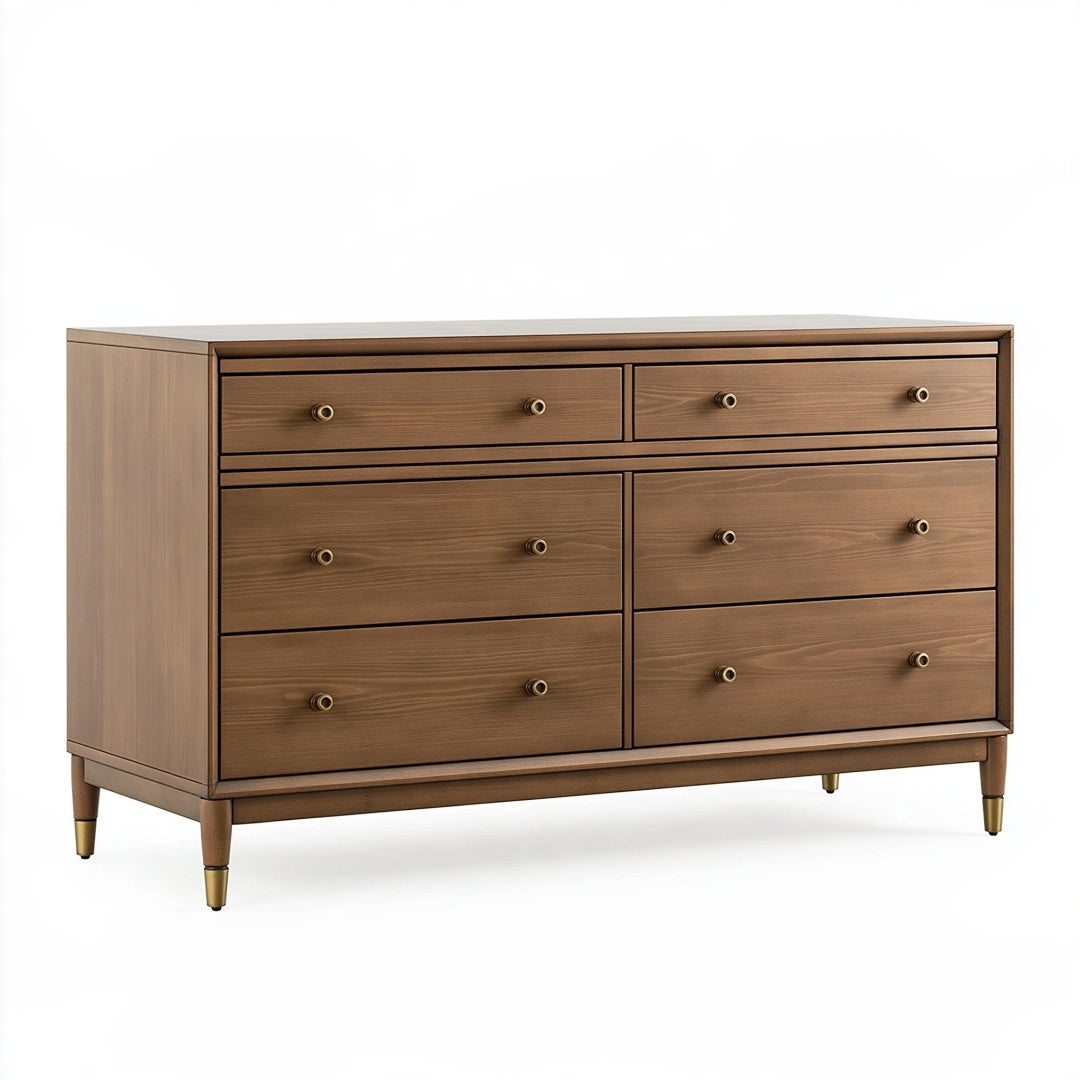 Cassettiera moderna in legno marrone, misura 160x45x90 cm, con sei cassetti, design elegante e funzionale.
