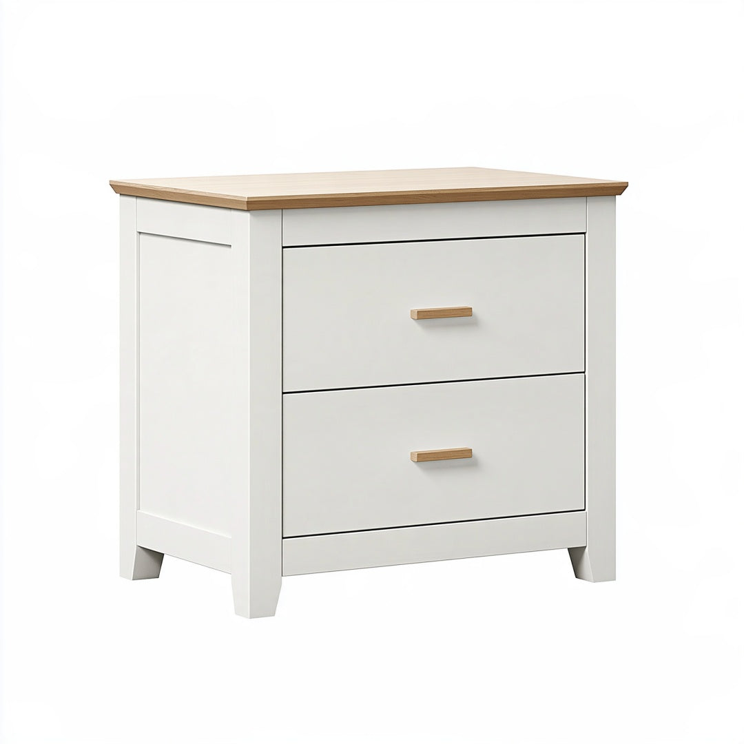 Comodino Parvireq in legno bianco e naturale, 60x40x60 cm, stile nordico con 2 cassetti, design elegante e funzionale.