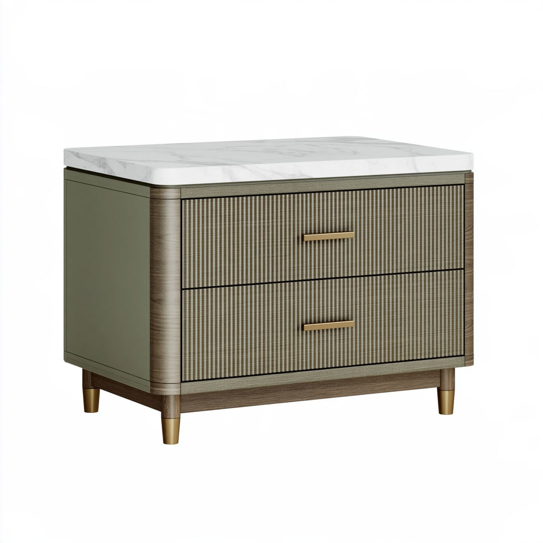 Comodino in legno grigio verde con piano effetto marmo e 2 cassetti stile moderno, misura 60x45x60 cm.