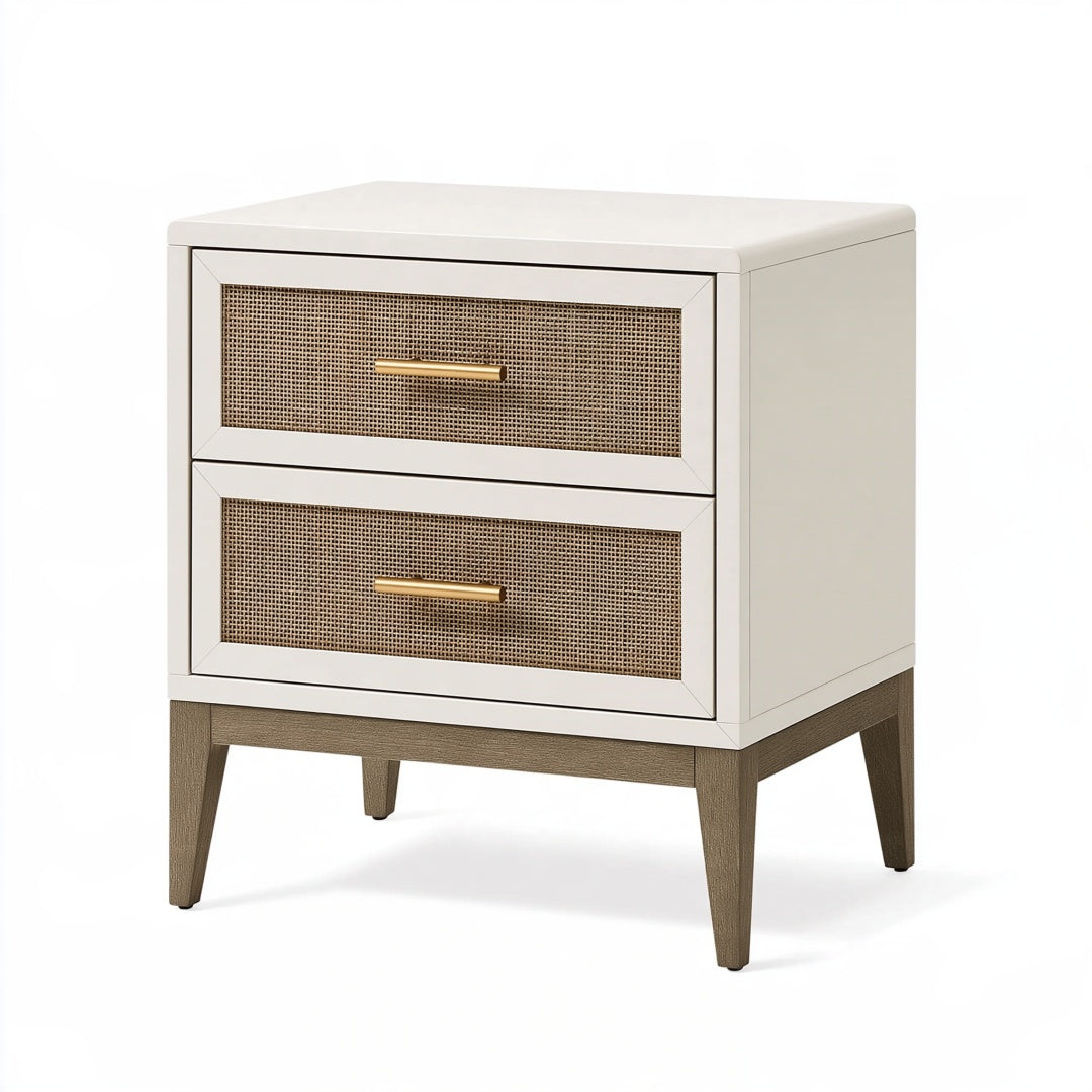 Comodino Parvireq in legno bianco e naturale, 60x45x65 cm con 2 cassetti, stile contemporaneo, immagine frontale.