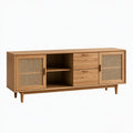 Credenza moderna in legno marrone con dettagli in rattan, misure 180x40x75 cm, ideale per soggiorno elegante.