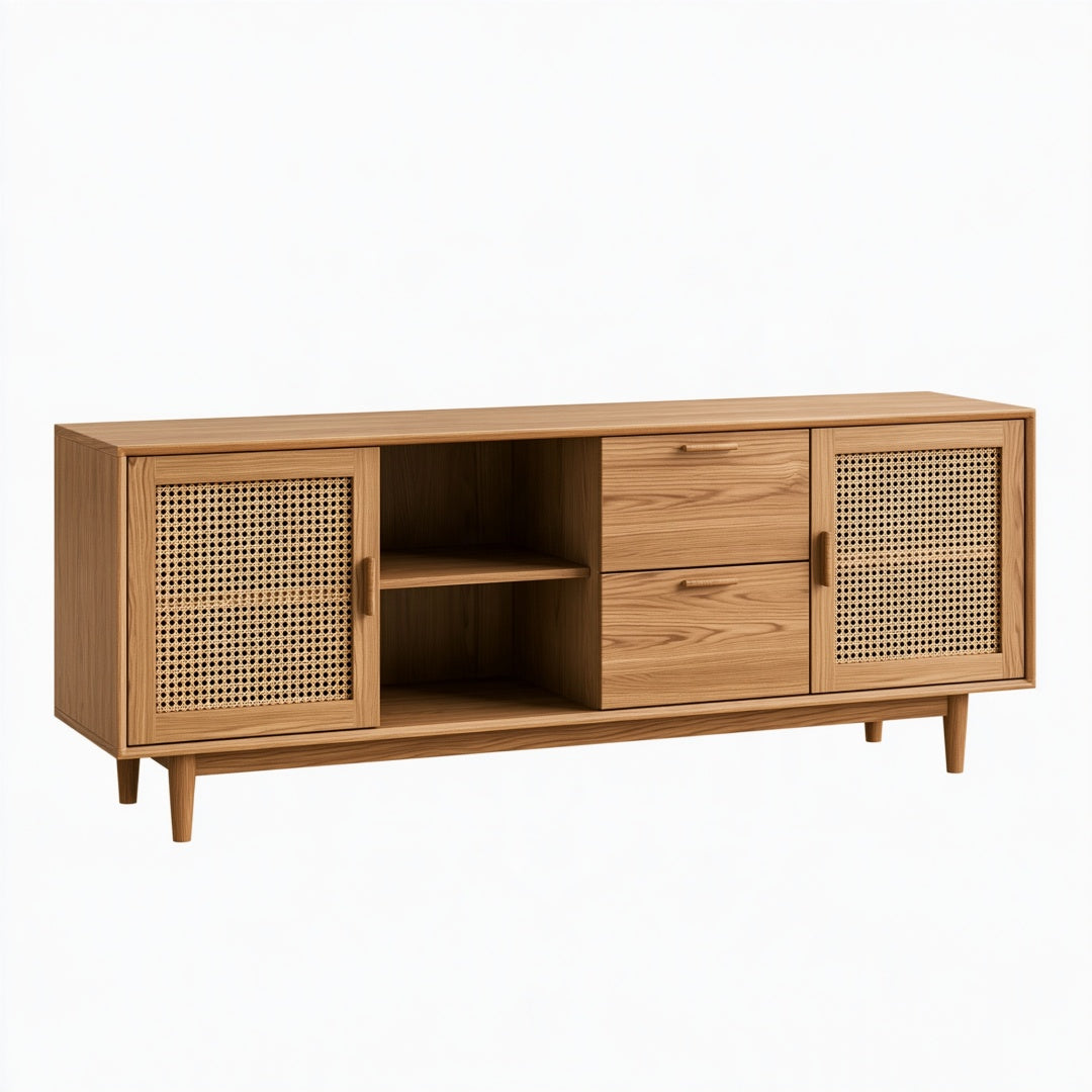 Credenza moderna in legno marrone con dettagli in rattan, misure 180x40x75 cm, ideale per soggiorno elegante.