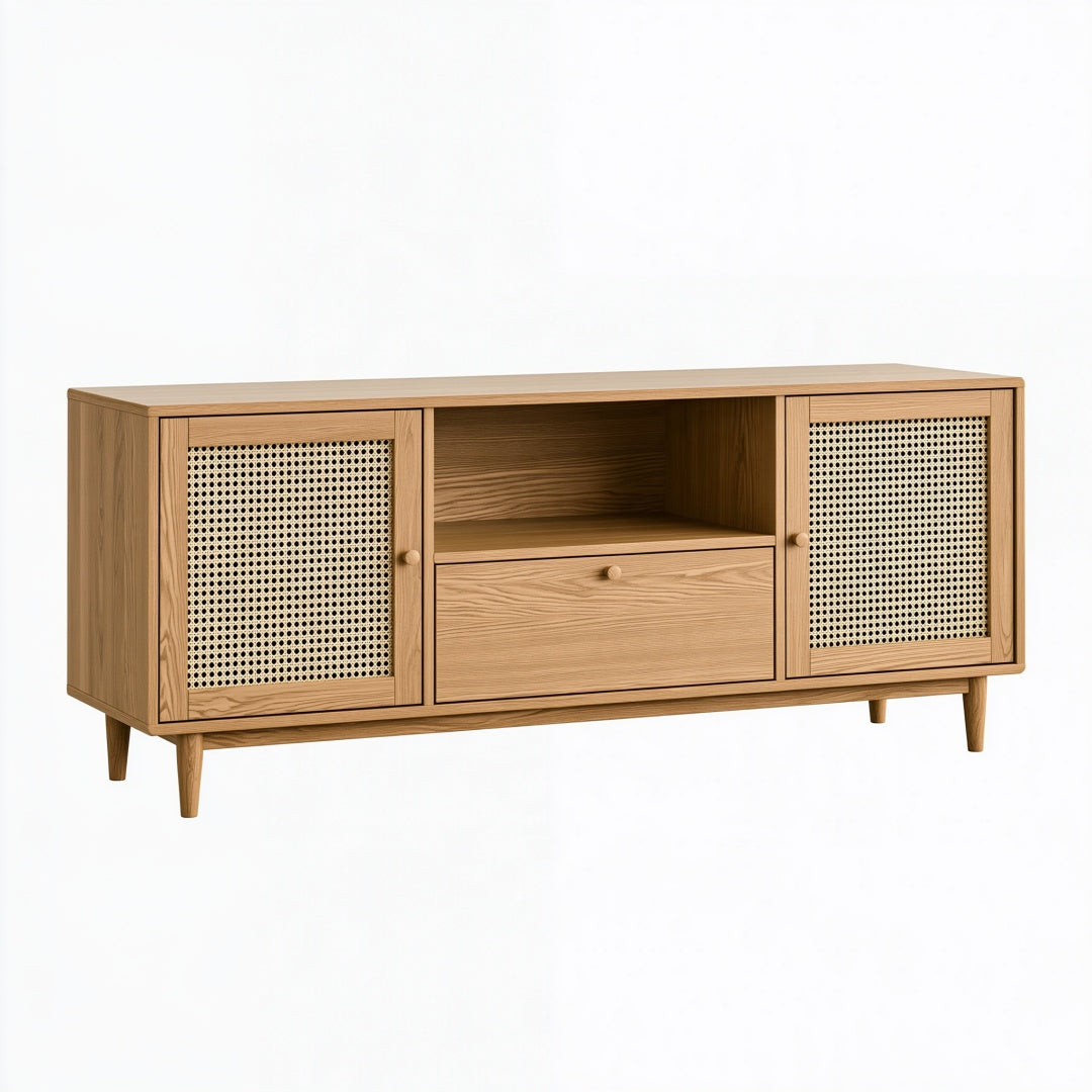 Credenza Parvireq in legno naturale e rattan, stile retrò con ante e cassetto, dimensioni 160x40x75 cm, arredo elegante.