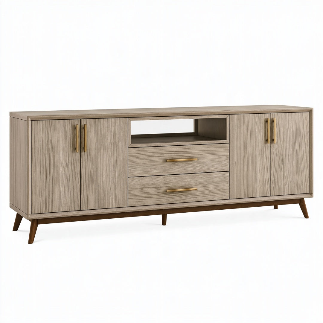 Credenza moderna Parvireq 180x40x80 cm in effetto rovere beige con ante e cassetti, stile elegante e funzionale.