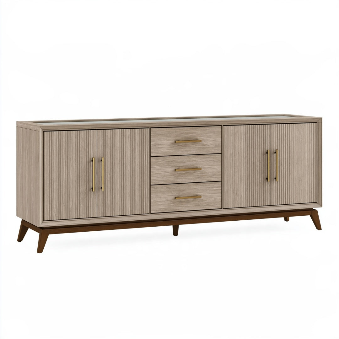Credenza moderna in legno grigio tortora, 180x40x85 cm, con ante e cassetti, stile contemporaneo, marca Parvireq
