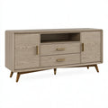 Credenza moderna in legno di rovere chiaro, 180x45x85 cm con cassetti e ante, design elegante e funzionale.