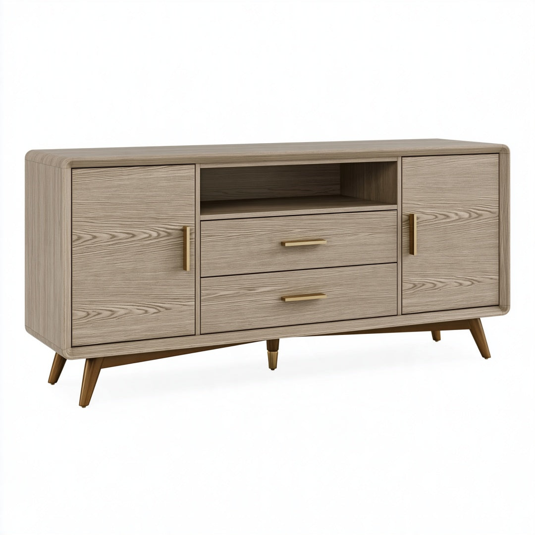 Credenza moderna in legno di rovere chiaro, 180x45x85 cm con cassetti e ante, design elegante e funzionale.
