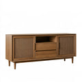 Credenza Parvireq in legno marrone con dettagli in rattan, mobile contenitore stile retrò, misura 160x40x80 cm.