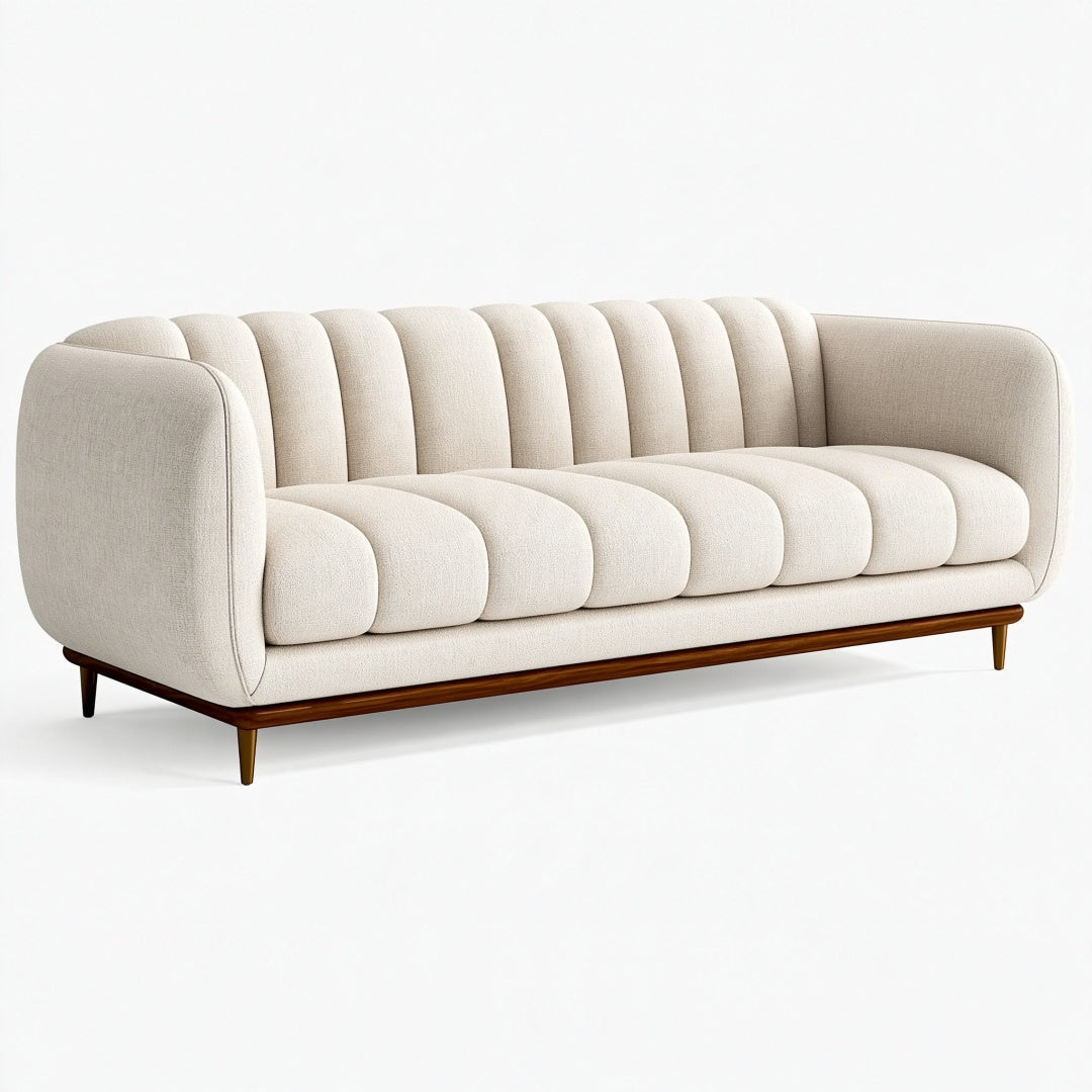 Divano 3 posti in tessuto avorio con base in legno, stile moderno per soggiorno, dimensioni 220x90x78 cm.
