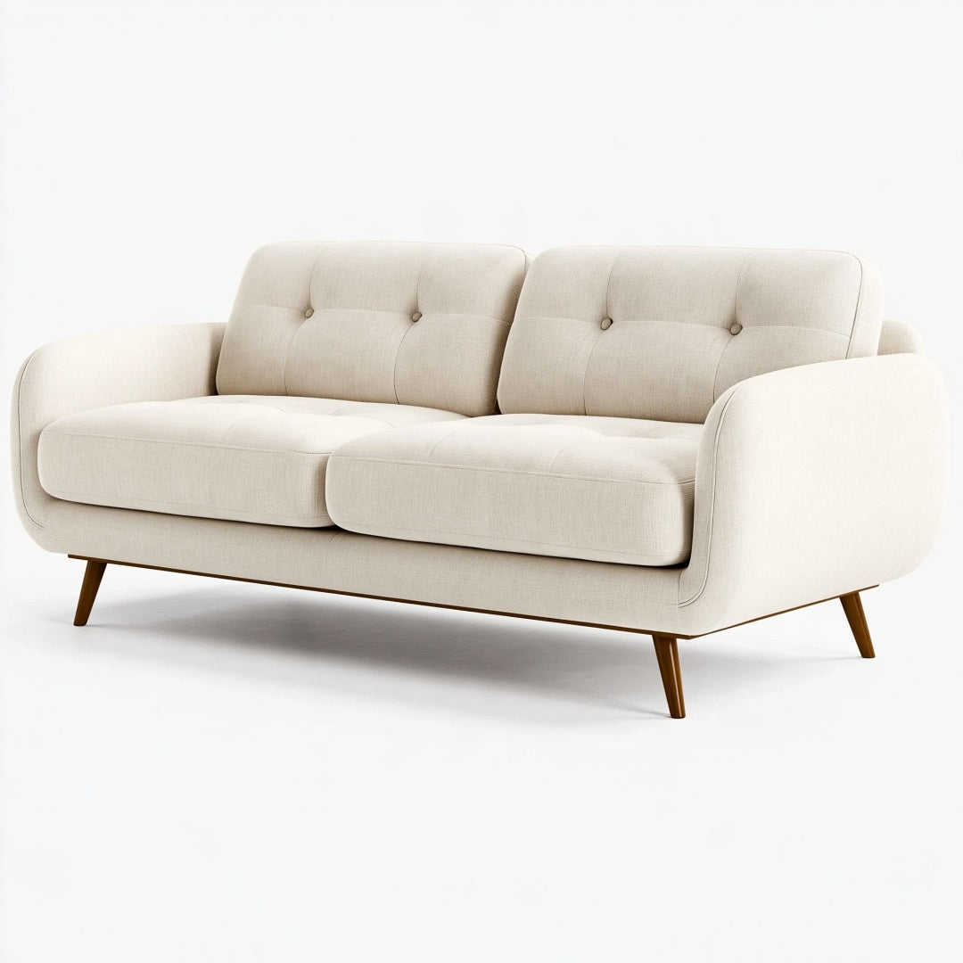 Divano 2 posti in tessuto avorio con gambe in legno, stile moderno, dimensioni 160x85x85 cm, marca Parvireq