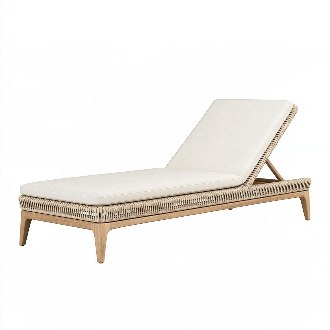 Lettino prendisole da esterno in legno e corda beige con schienale regolabile, lungo 200 cm, marca Parvireq.