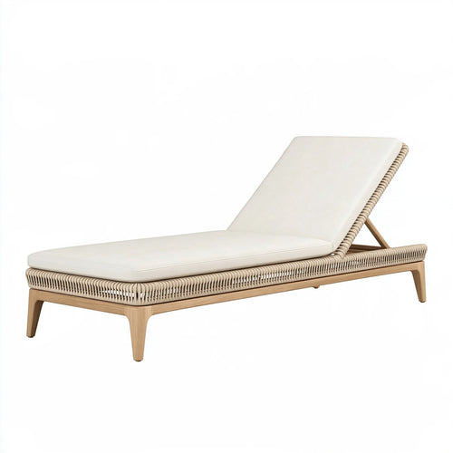 Lettino prendisole da esterno in legno e corda beige con schienale regolabile, lungo 200 cm, marca Parvireq.