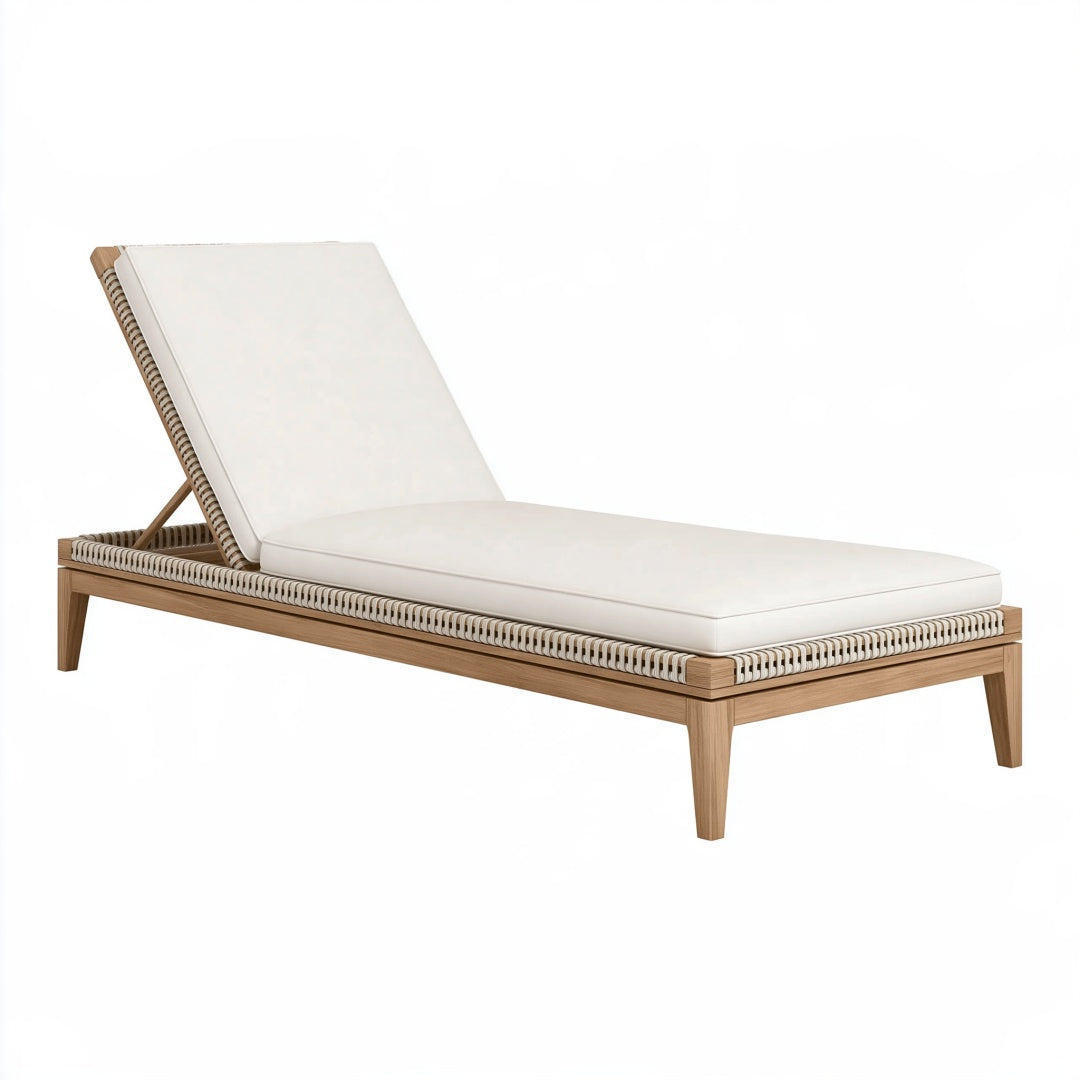 Lettino prendisole da esterno Parvireq in legno e corda beige con schienale regolabile, misura 200x70 cm.