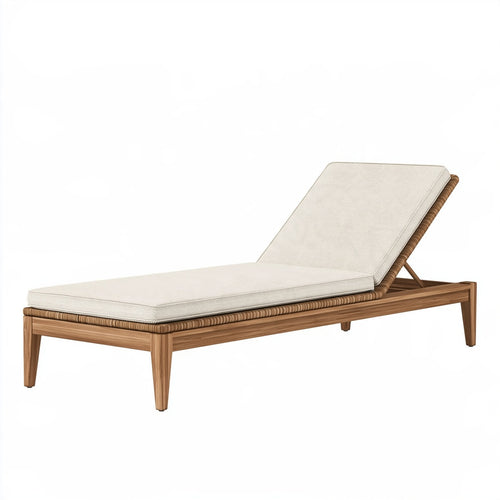 Lettino prendisole in legno marrone da 200x70 cm con cuscino beige e schienale regolabile, ideale per esterni.