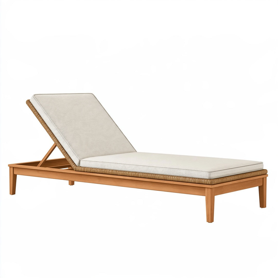 Lettino prendisole Parvireq in legno beige e marrone, 200x70 cm con schienale regolabile e design elegante.