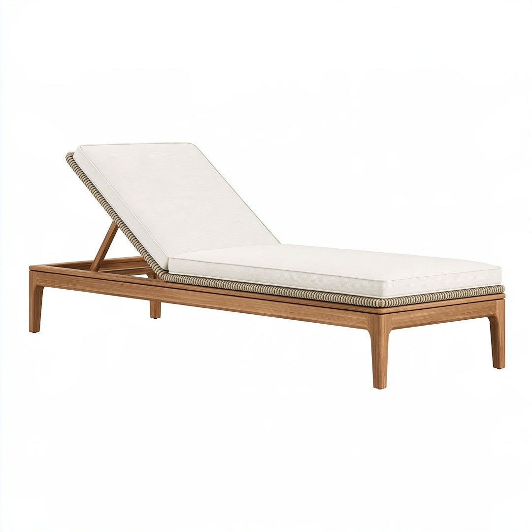 Lettino prendisole Parvireq in legno e tessuto beige, 200x70x85 cm, con schienale regolabile, ideale per esterni.