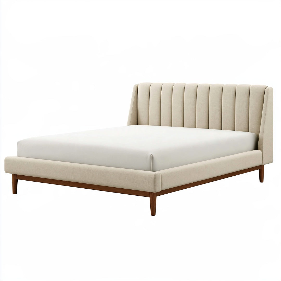 Letto matrimoniale Parvireq 160x200 cm in tessuto beige con testiera imbottita e struttura in legno moderno.