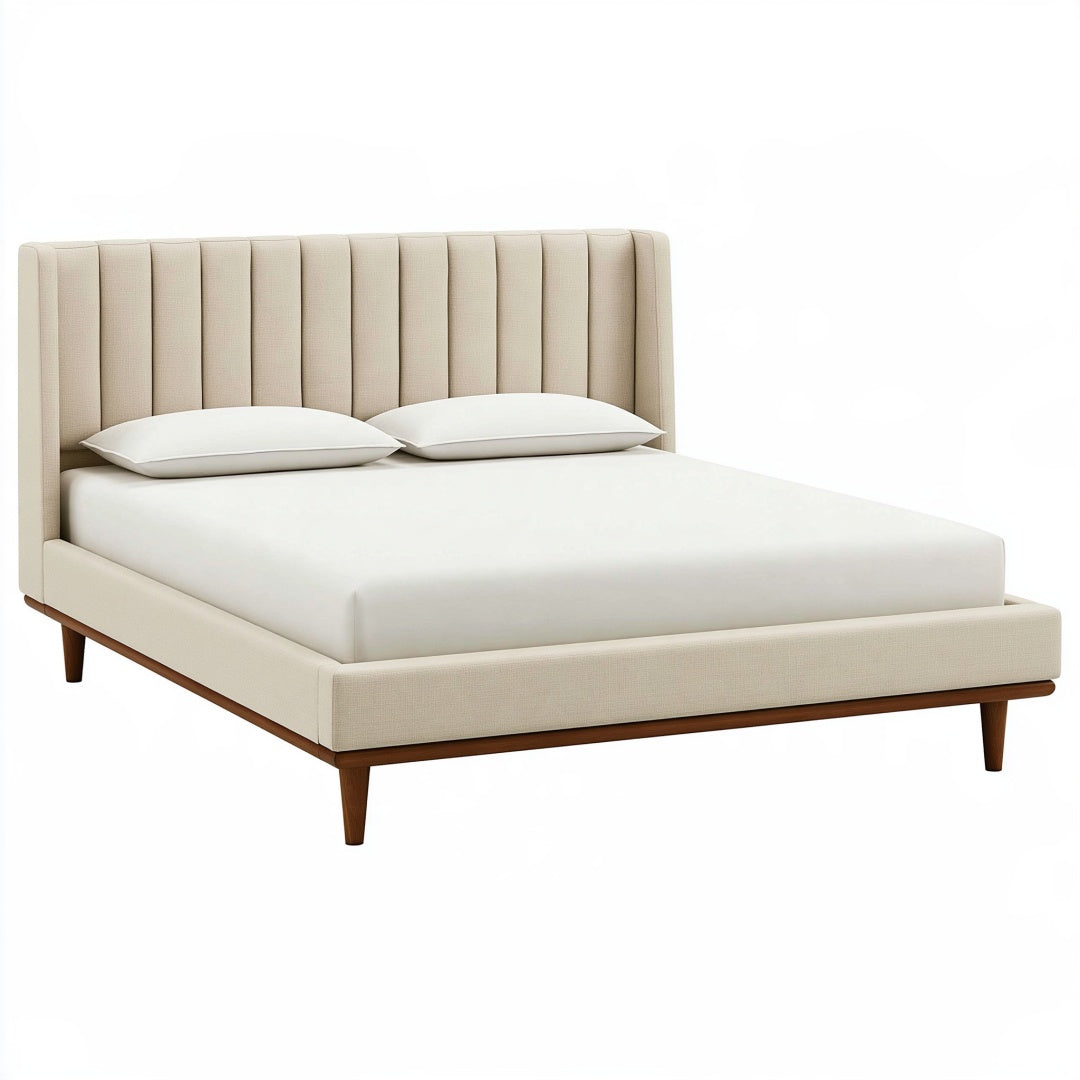 Letto matrimoniale Parvireq 160x200 cm in tessuto beige con testiera imbottita, stile moderno e elegante.