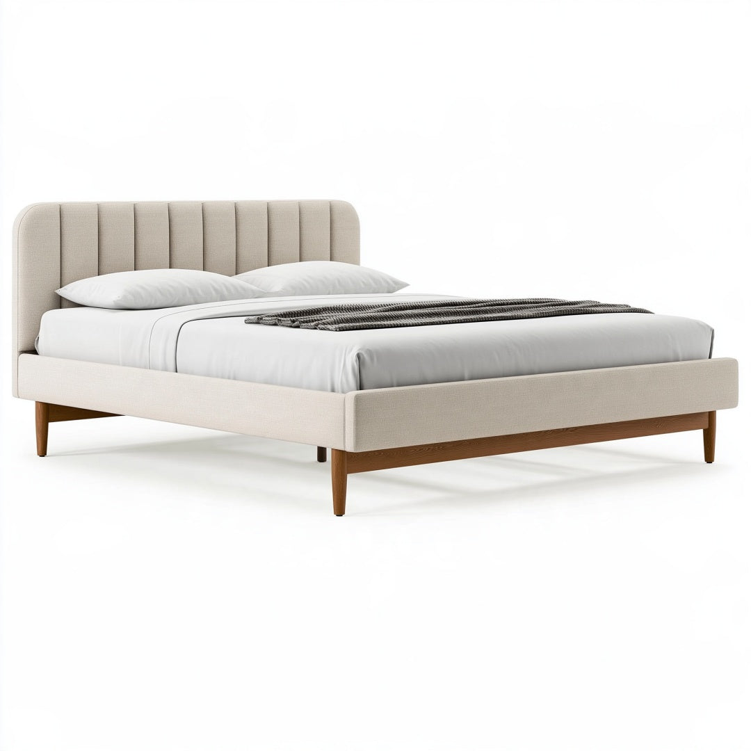 Letto matrimoniale Parvireq 160x200 cm in tessuto beige con struttura in legno, stile moderno.