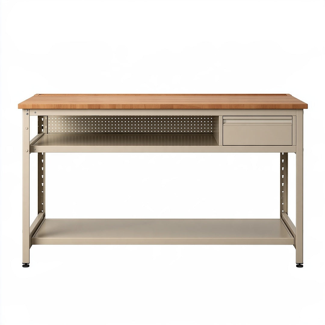 Banco da lavoro Parvireq in acciaio e legno marrone/beige con ripiani e cassetto, dimensioni 120x60x90 cm.