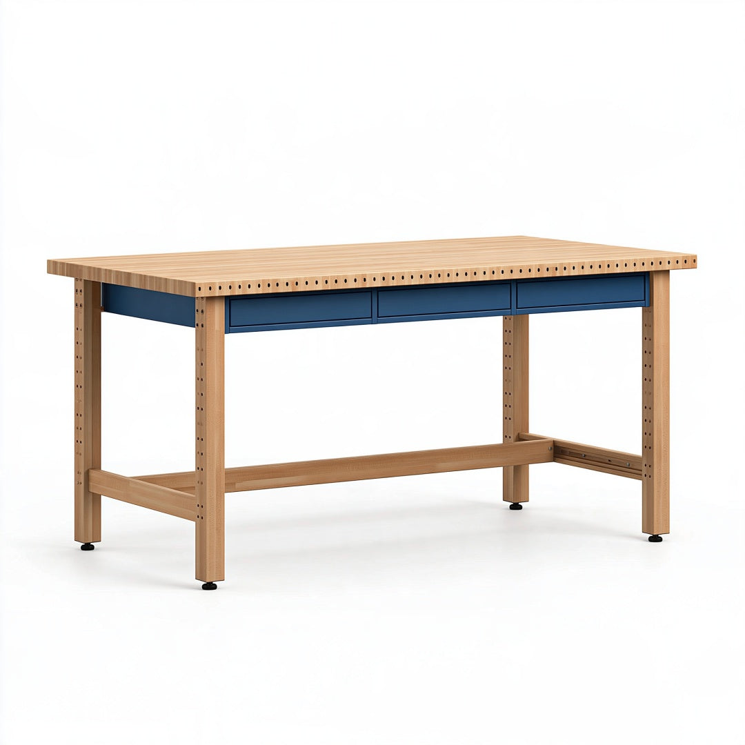 Banco da lavoro Parvireq in legno naturale e blu, con tre cassetti in stile industriale, misura 180x80x90 cm
