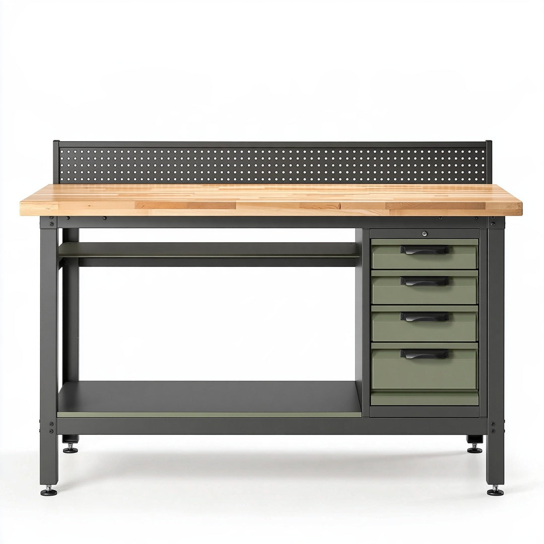 Banco da lavoro Parvireq in acciaio e legno naturale, dimensioni 160x60x150 cm con 4 cassetti e superficie robusta.