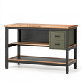Banco da lavoro Parvireq in legno e metallo nero-verde, 140x70x90 cm con 2 cassetti e superficie robusta.