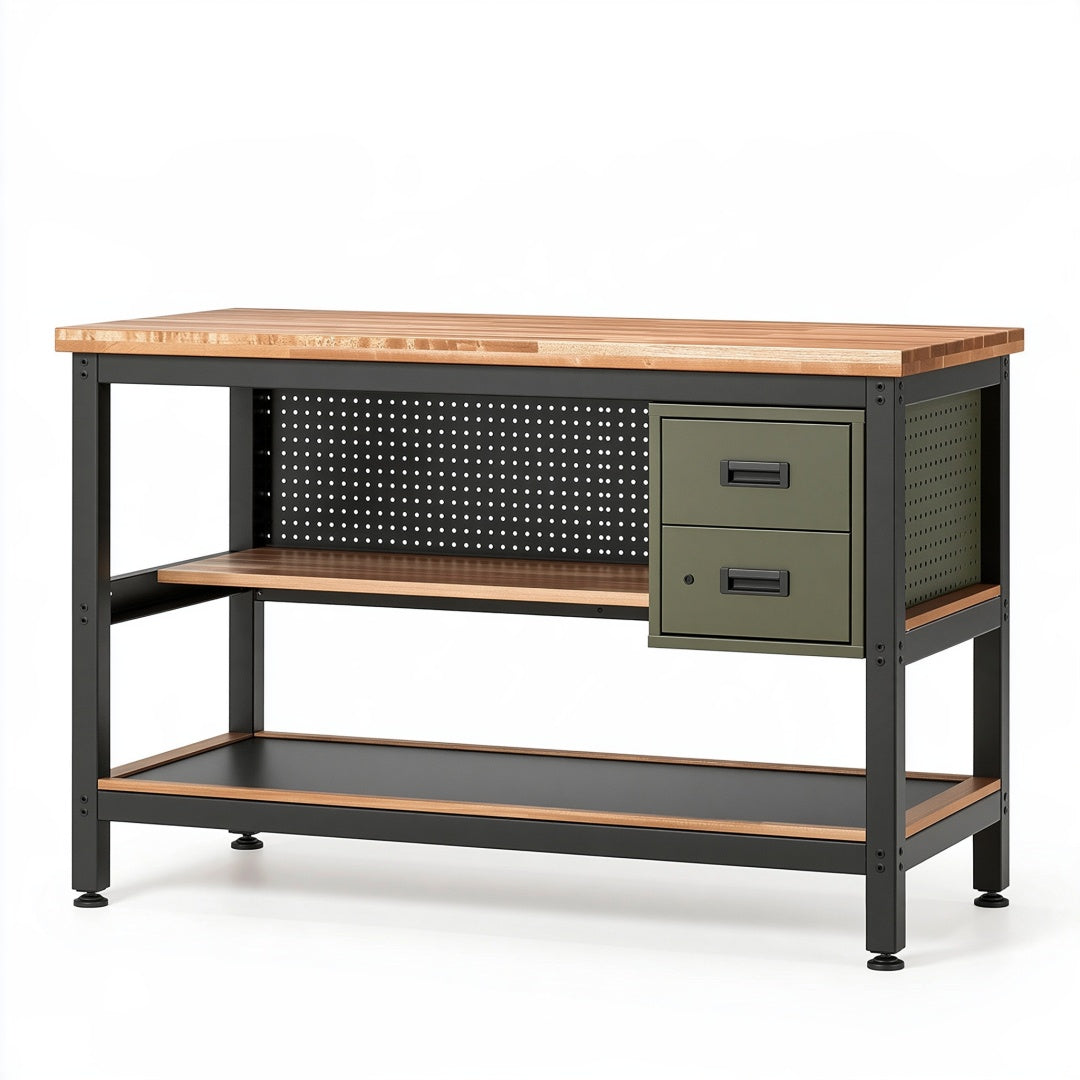 Banco da lavoro Parvireq in legno e metallo nero-verde, 140x70x90 cm con 2 cassetti e superficie robusta.