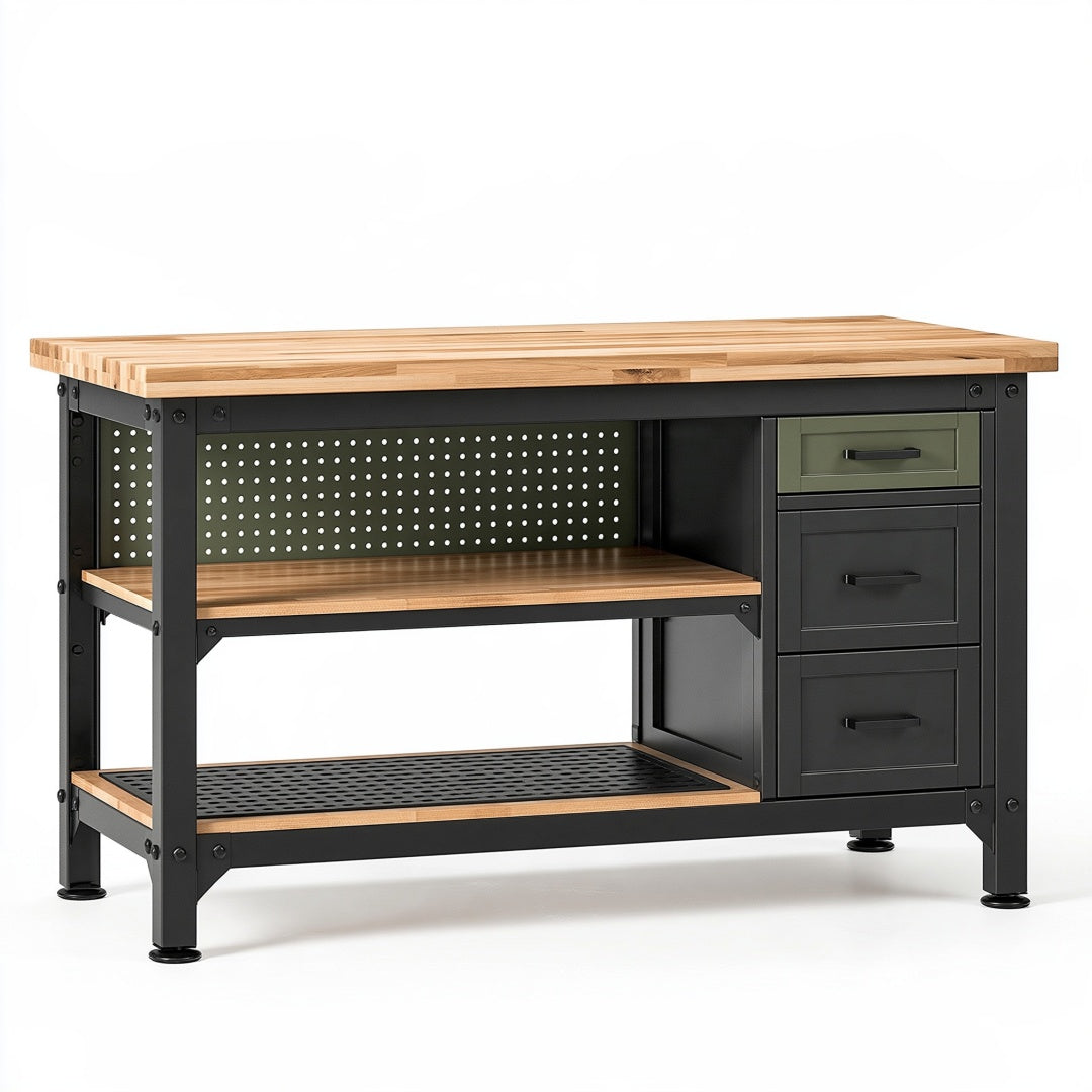 Banco da lavoro industriale Parvireq in legno e metallo nero, 120x60x90 cm con cassetti, stile robusto e funzionale