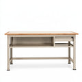 Banco da lavoro industriale Parvireq in acciaio beige e bambù, misura 120x60x90 cm con cassetto, robusto e funzionale.