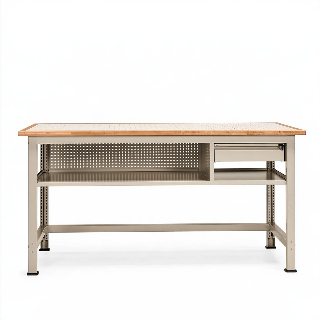 Banco da lavoro industriale Parvireq in acciaio beige e bambù, misura 120x60x90 cm con cassetto, robusto e funzionale.