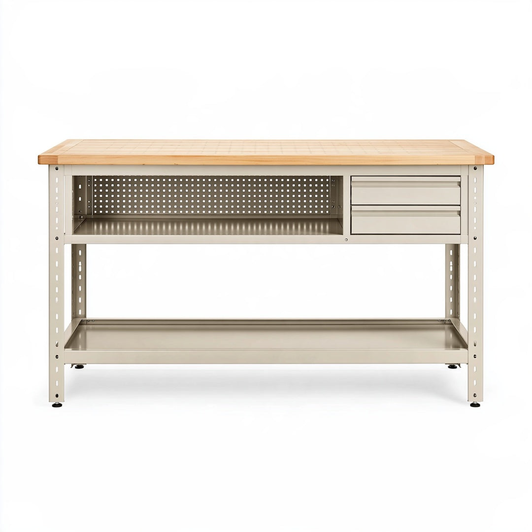 Banco da lavoro Parvireq in acciaio beige e legno naturale, con cassetti e ripiano, dimensioni 120x60x90 cm, robusto e funzionale.
