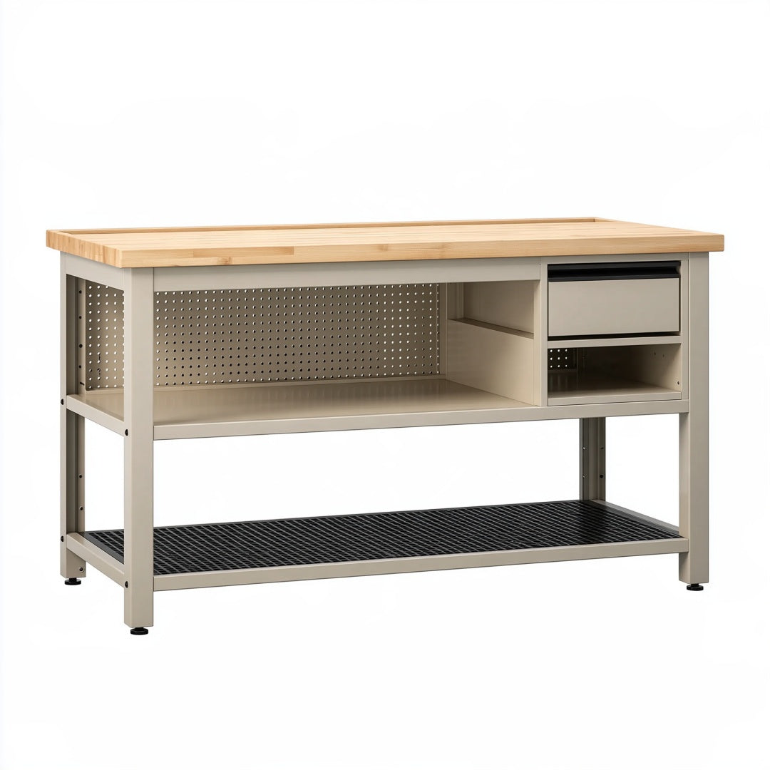 Banco da lavoro Parvireq in acciaio beige e legno naturale, con cassetto e ripiani, dimensioni 120x60x90 cm.