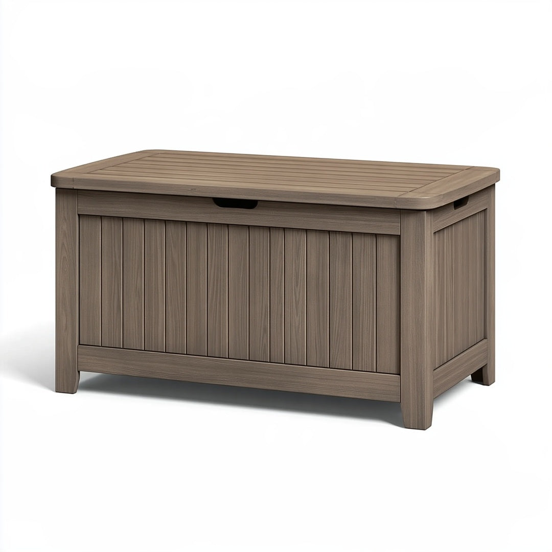 Cassapanca da giardino Parvireq in resina tortora effetto legno, dimensioni 120x60x65 cm con coperchio, baule da giardino resistente