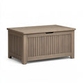 Baule da giardino Parvireq in polipropilene tortora effetto legno, contenitore esterno con coperchio, dimensioni 120x60x65 cm