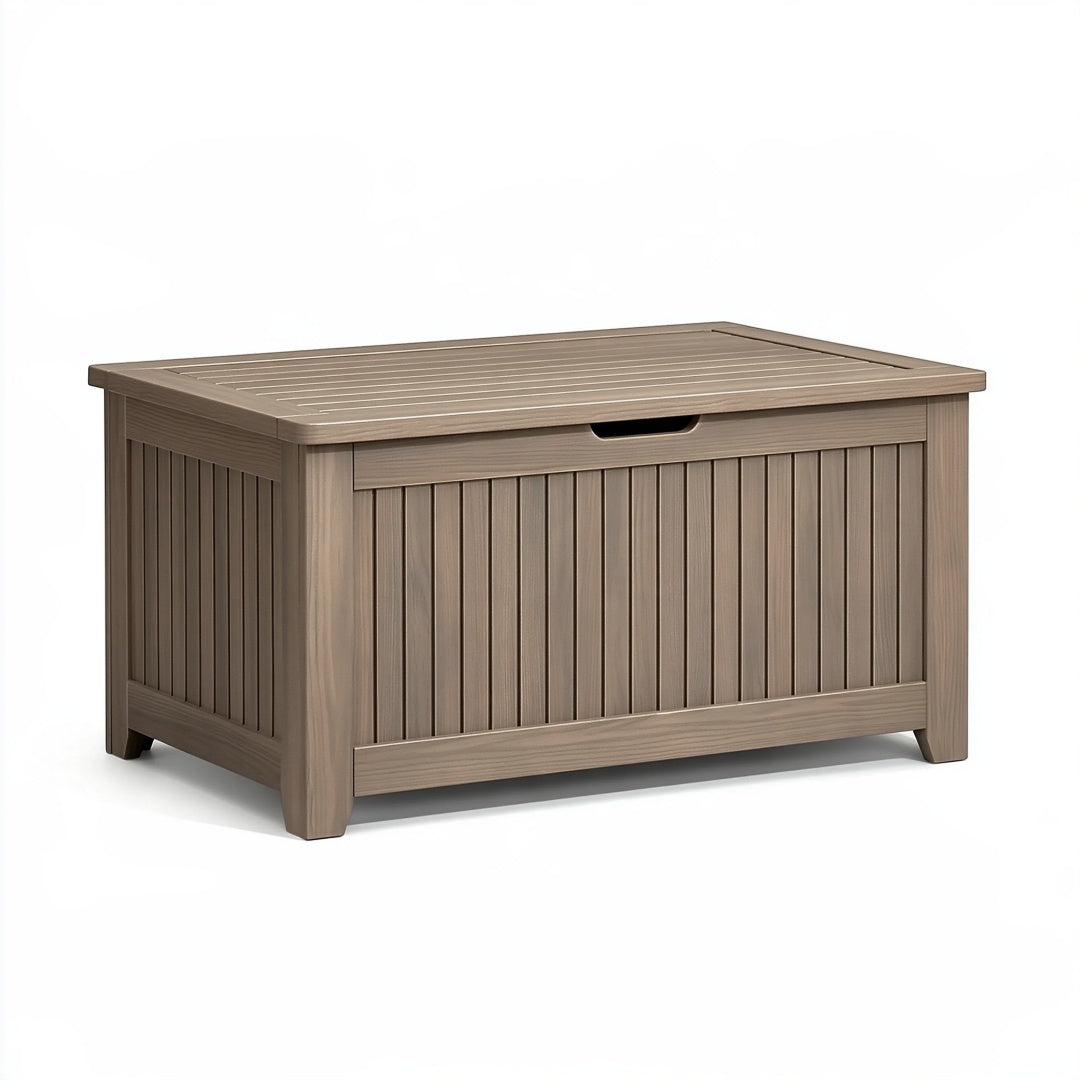 Baule da giardino Parvireq in polipropilene tortora effetto legno, contenitore esterno con coperchio, dimensioni 120x60x65 cm