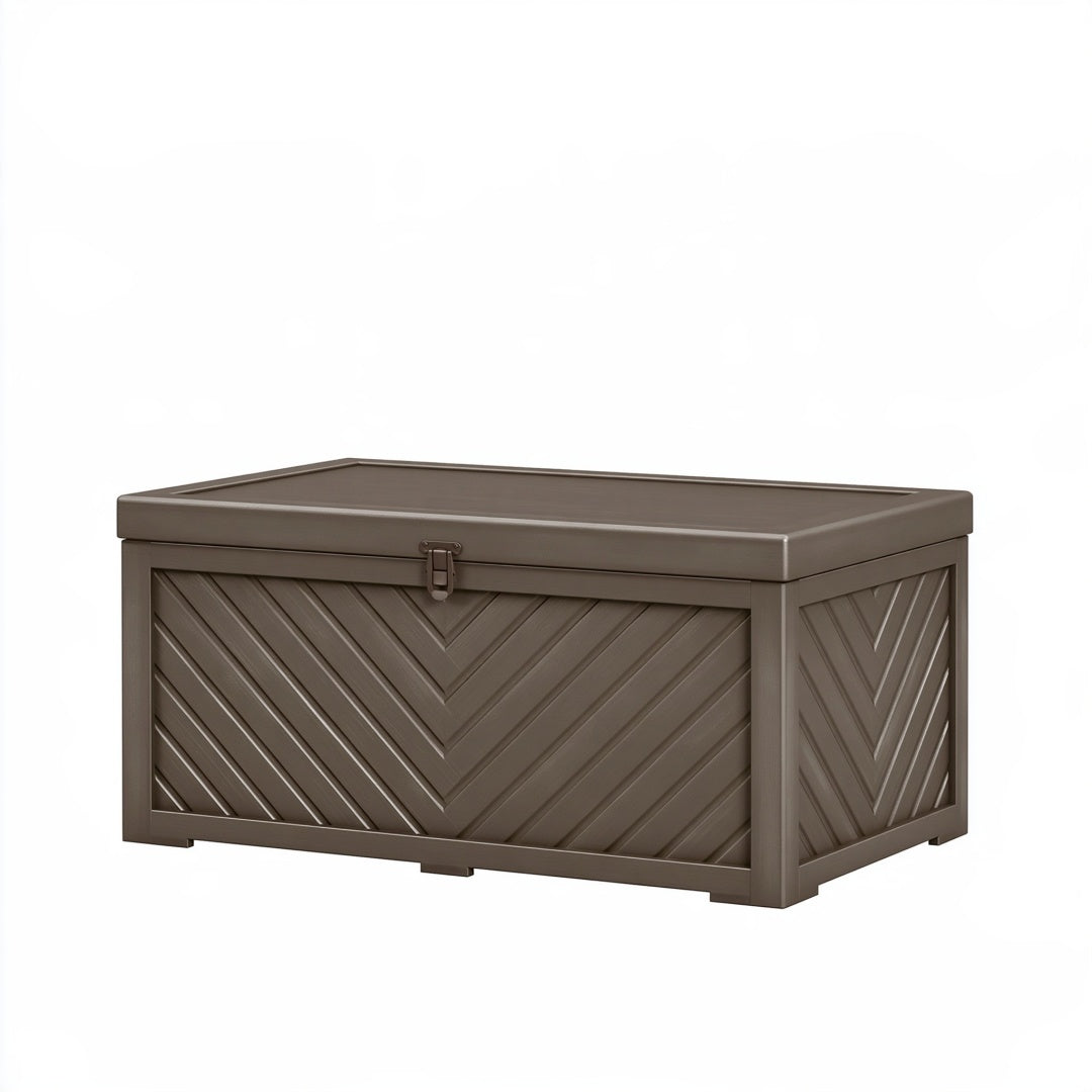 Cassapanca da esterno Parvireq in resina marrone, baule da giardino 120x55x60 cm con coperchio e contenitore resistente