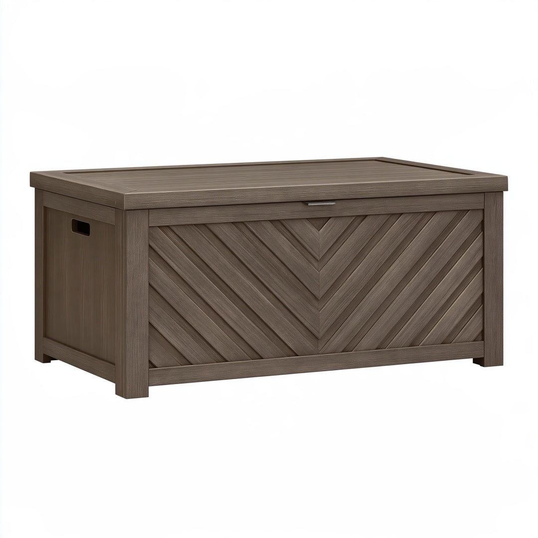 Cassapanca da esterno in resina marrone tortora effetto legno, baule da giardino con coperchio, dimensioni 120x60x65 cm.