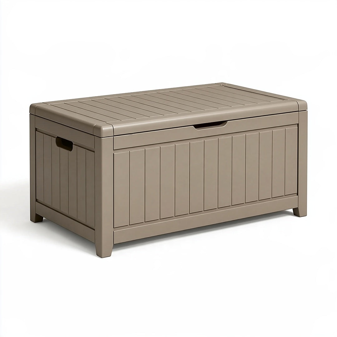 Cassapanca contenitore da giardino in plastica tortora, 120x55x60 cm, con coperchio, ideale per esterni, marca Parvireq.