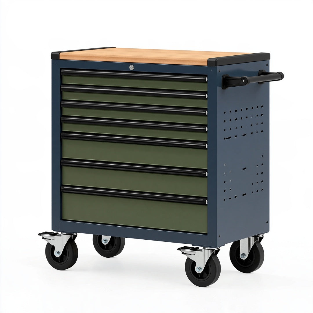 Carrello portautensili Parvireq in acciaio blu e verde con piano in legno, dimensioni 80x45x98 cm, su ruote.