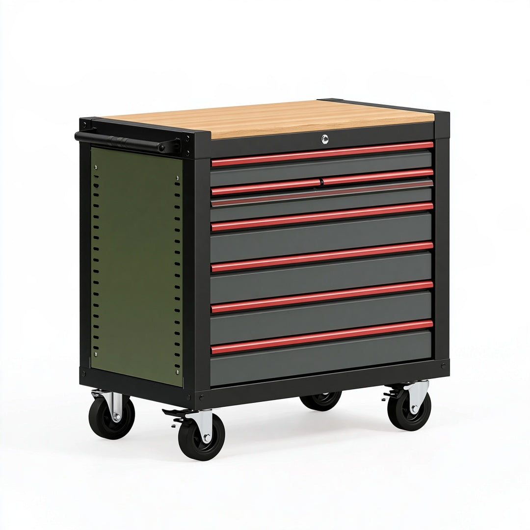 Carrello portautensili in acciaio nero e legno Parvireq con 7 cassetti, misura 76x46x96 cm, officina mobile robusta
