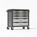 Carrello portautensili Parvireq in acciaio nero e grigio con 14 cassetti e ruote, misura 100x50x95 cm, per officina.