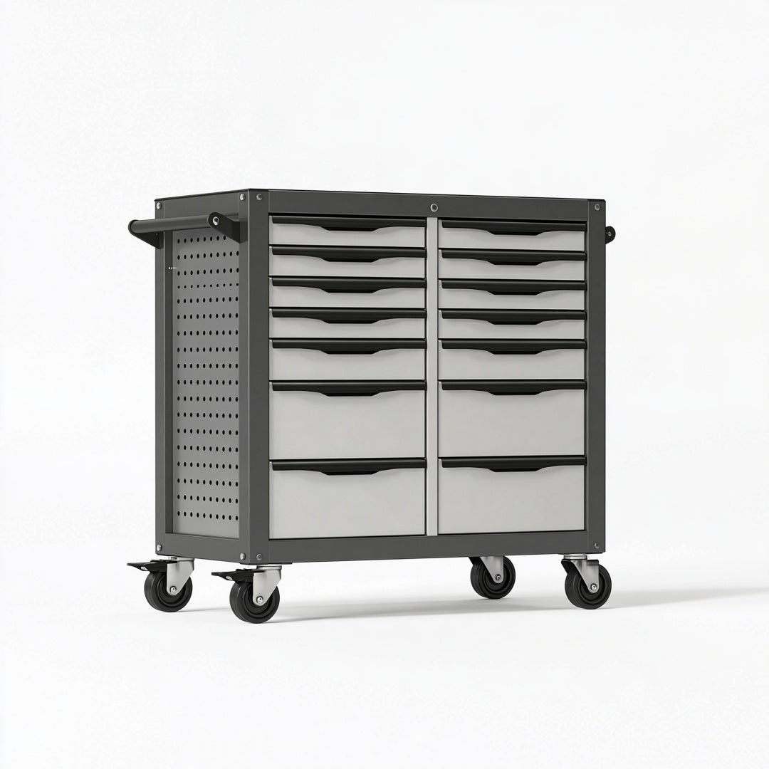 Carrello portautensili Parvireq in acciaio nero e grigio con 14 cassetti e ruote, misura 100x50x95 cm, per officina.