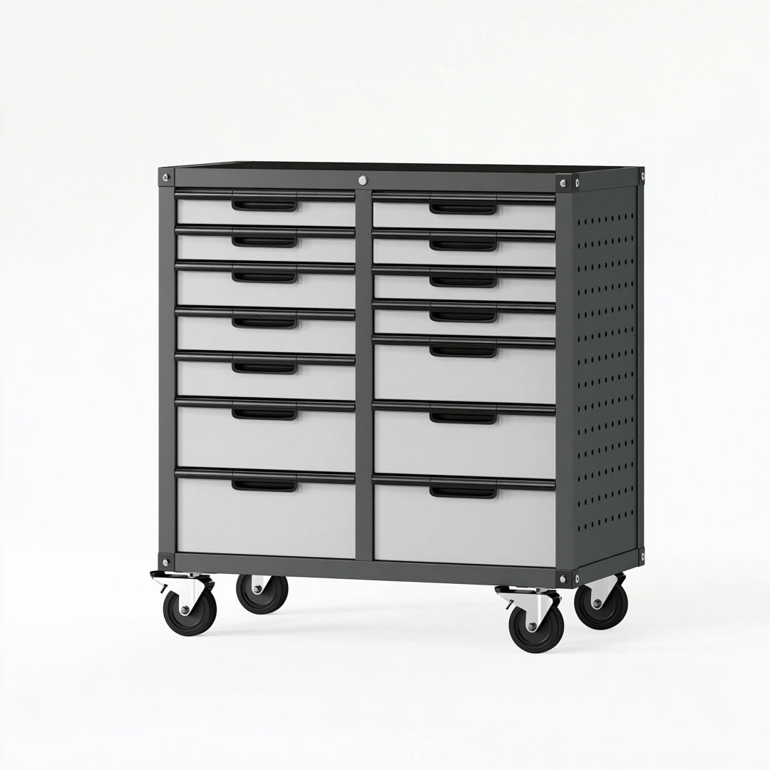 Carrello portautensili Parvireq in acciaio nero e grigio con 12 cassetti e ruote, dimensioni 90x50x95 cm