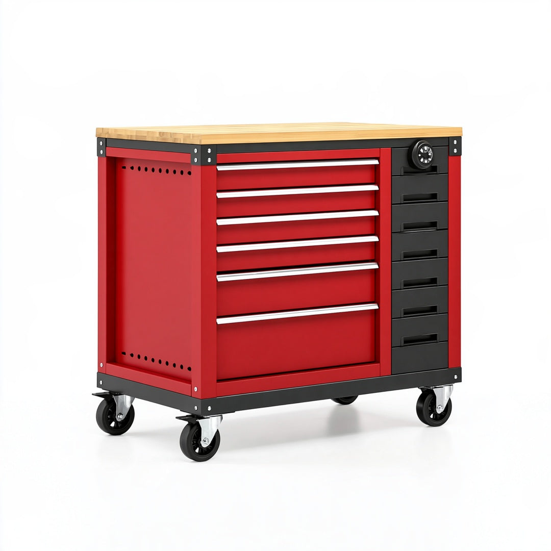 Carrello portautensili in metallo rosso e nero con piano in legno e 12 cassetti, dimensioni 110x46x95 cm, marca Parvireq