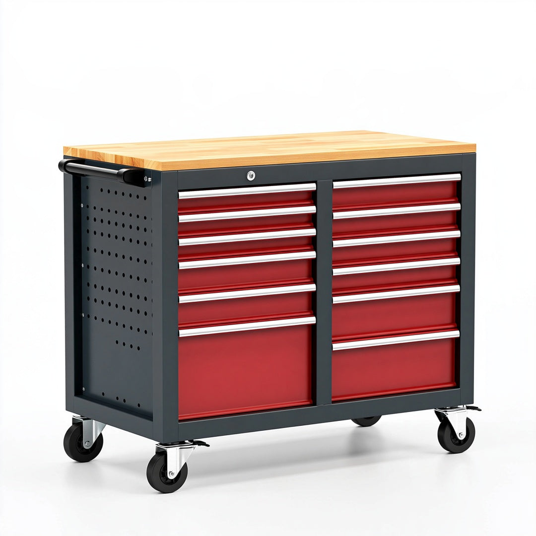 Carrello portautensili Parvireq in acciaio rosso e nero con piano in legno e 12 cassetti, dimensioni 105x52x95 cm.