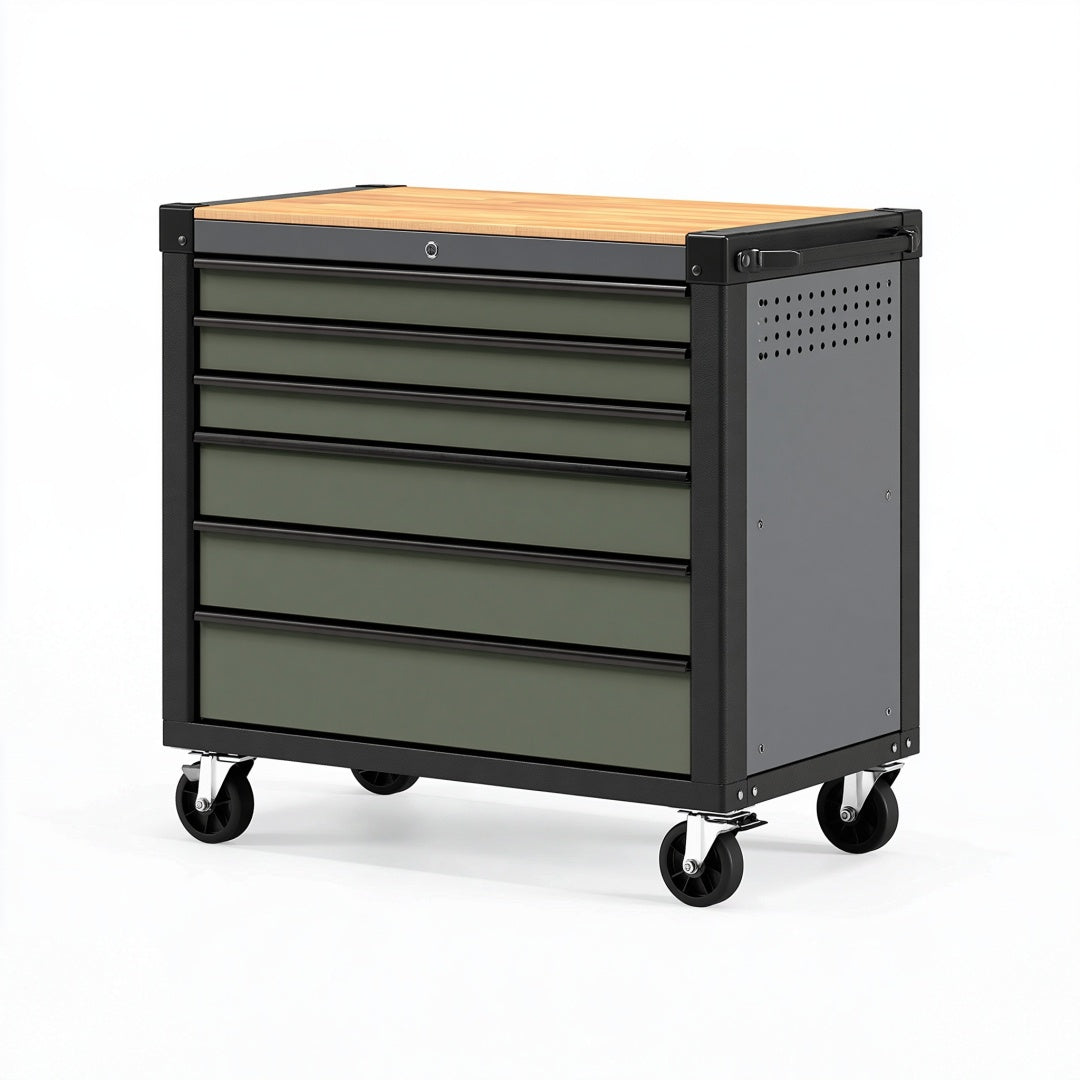 Carrello portautensili Parvireq in acciaio nero e verde, con piano in legno e ruote, dimensioni 85x46x95 cm
